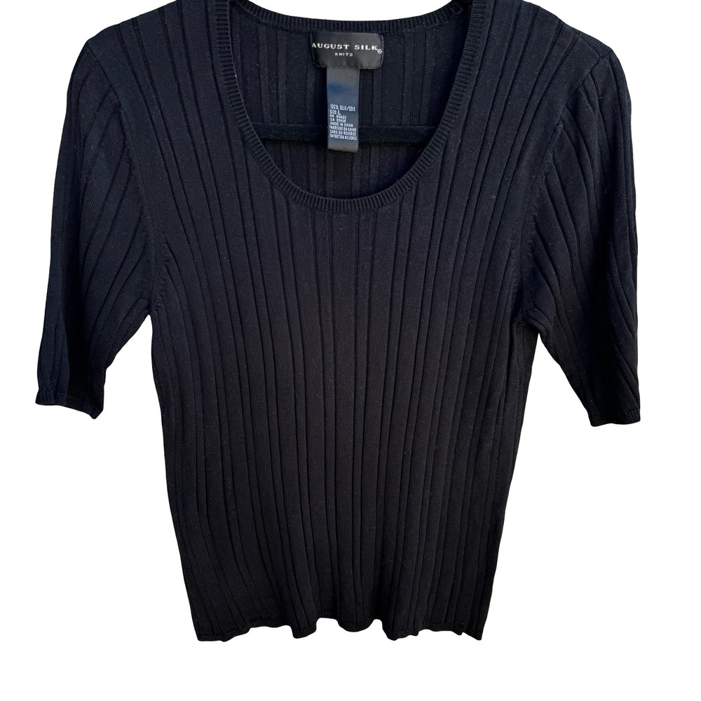 August Silk Y2K Minimalist 100% Silk Ribbed Quiet Luxury Knit Sweater Black L